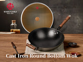 WANGYUANJI 14.2 Inch Cast Iron Wok with Lid and Wooden Handle Large Round Bottom Stir Fry Pan Uncoated Craft Wok for Healthy Cooking Compatible with All Stovetops